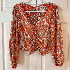 Free People Say The Word Women’s Top Ruby Red Cream Navy Floral Ruched Size S